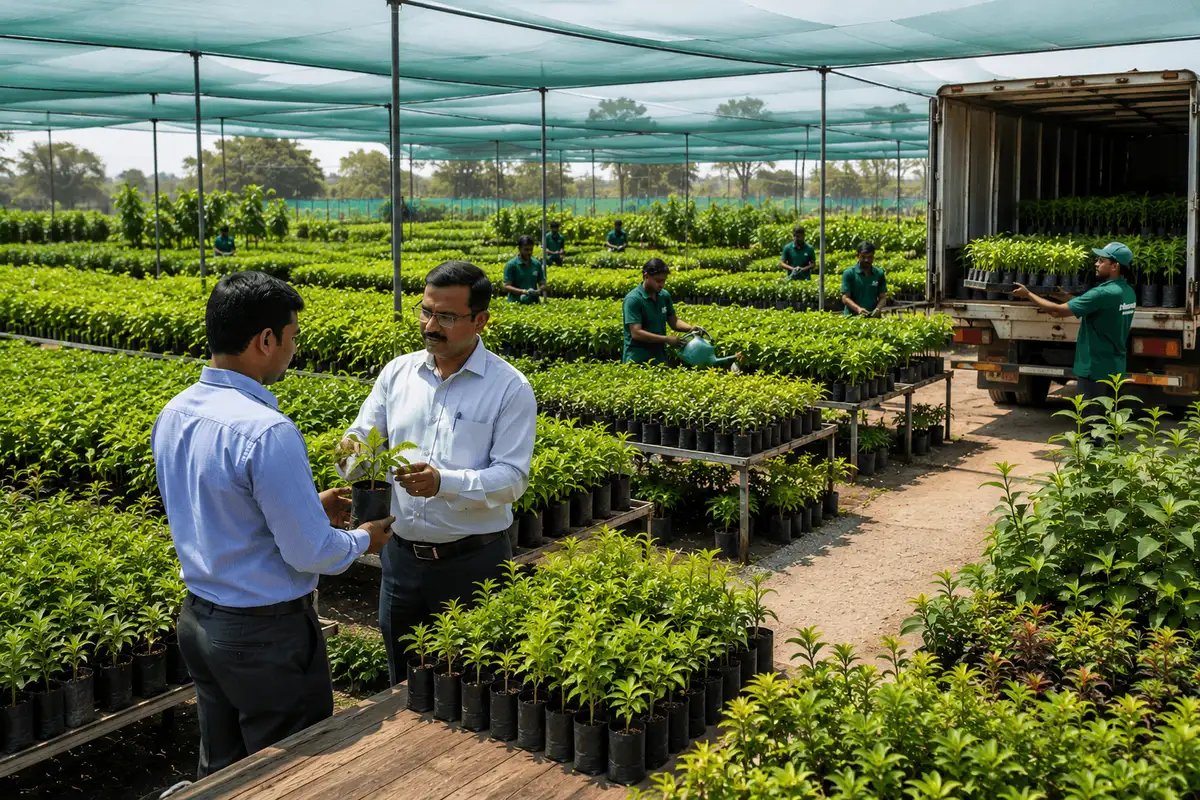 Professionals inspecting nursery saplings in a commercial plant nursery, showcasing strategic partnerships for quality plant sourcing and horticultural support.